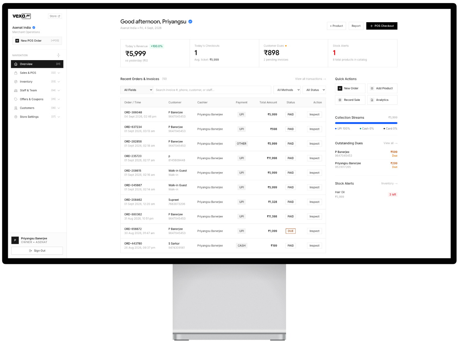 Vexa POS Desktop Dashboard Mockup